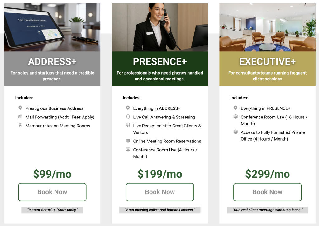 Barrister Suites Office Lease Three pricing plans for business services: Address+ at $99/mo, Presence+ at $199/mo, and Executive+ at $299/mo. Each column lists features and a Book Now button, with photos above each plans details.